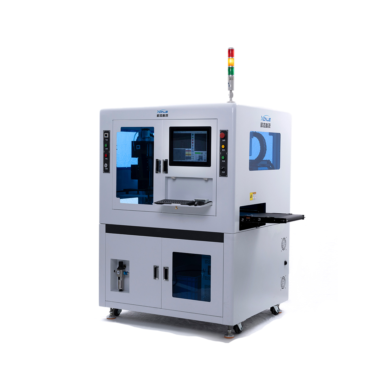 Front view of XONJE XJ-600A inline saw blade PCB cutting machine featuring Mark point correction and low-stress V-groove separation