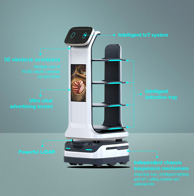 Close-up of robot waiter showing 15.6-inch HD interactive display and infrared tray sensors