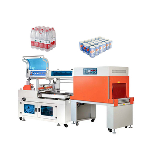 Front view of fully automatic POF shrink wrapping machine for bottles with sealing and shrink tunnel system