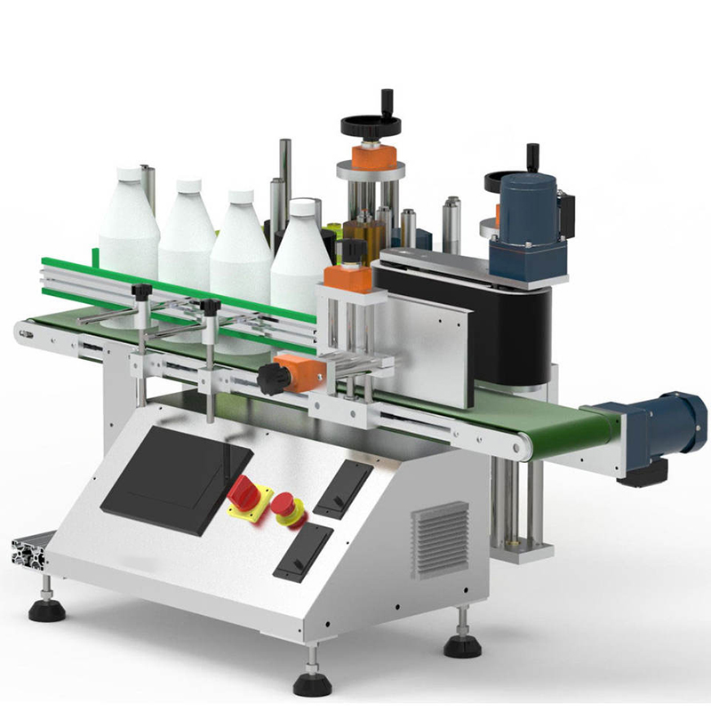 Close-up view of the desktop labeling machine head showing precise wrap-around label application for various bottle sizes.