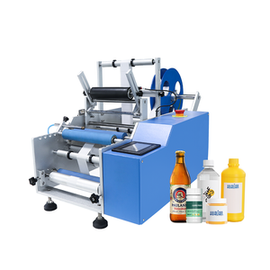 Semi-auto round bottle sticker labeling machine for PET containers, featuring compact structure and stable wrap-around labeling.