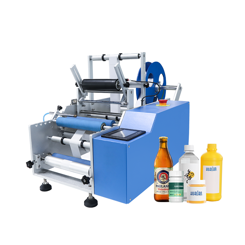 Semi-auto round bottle sticker labeling machine for PET containers, featuring compact structure and stable wrap-around labeling.