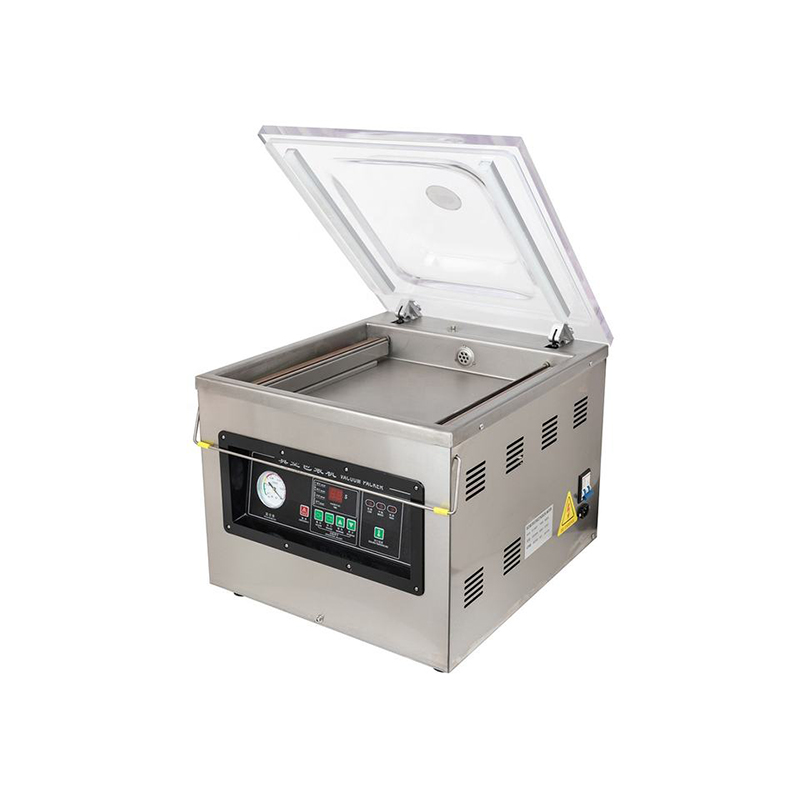 Electric vacuum packing machine with durable stainless steel construction for sealing food and daily commodities.