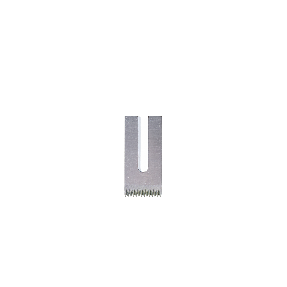 Front view of U shaped stainless serrated blade for food processing machinery