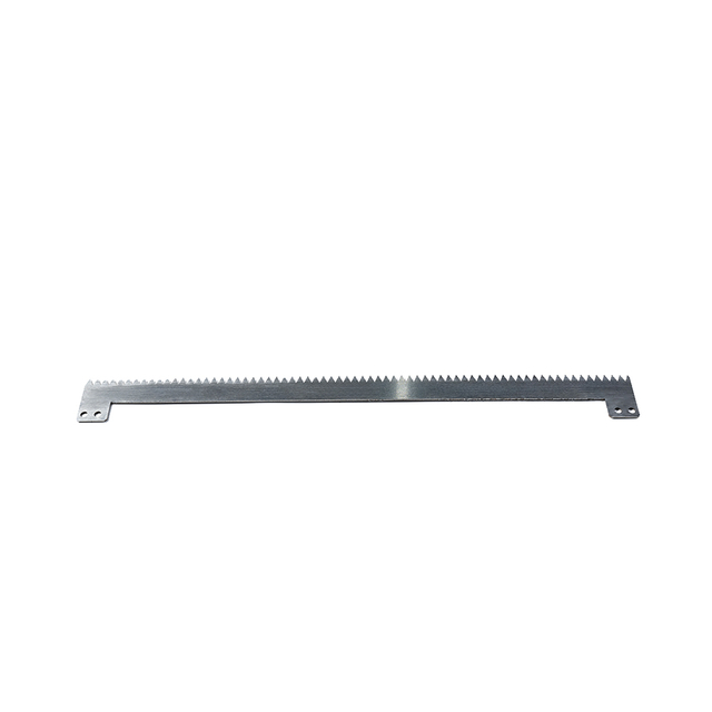 Front view of long L shaped stainless serrated blade for food processing and packaging machinery
