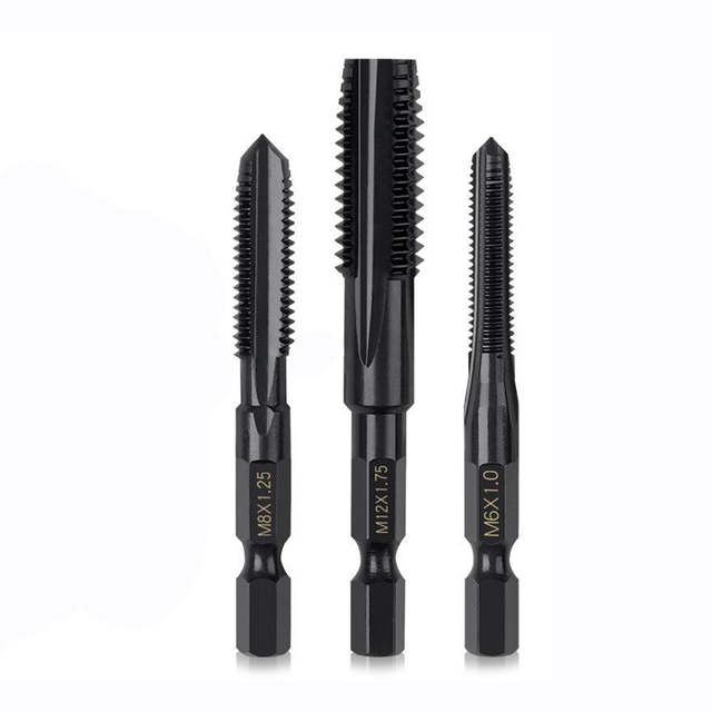 Hex shank straight flute tap drill bit made of high-speed steel with deep chip removal grooves for efficient metal threading