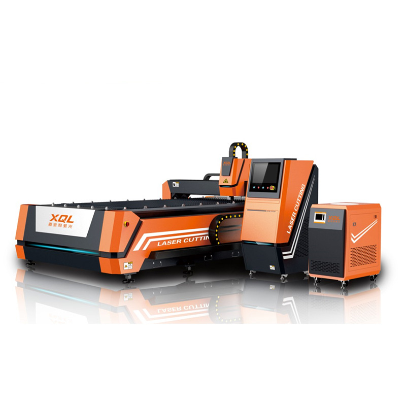 Front view of 1000W industrial fiber laser cutter for metal sheet processing, featuring compact design and high cutting precision