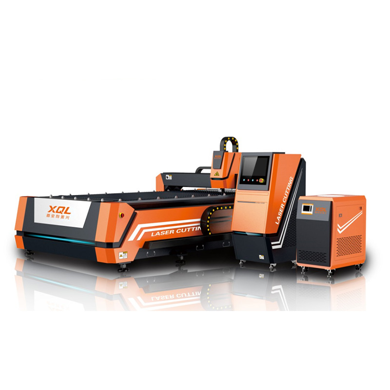 Front view of 1000W industrial fiber laser cutter for metal sheet processing, featuring compact design and high cutting precision