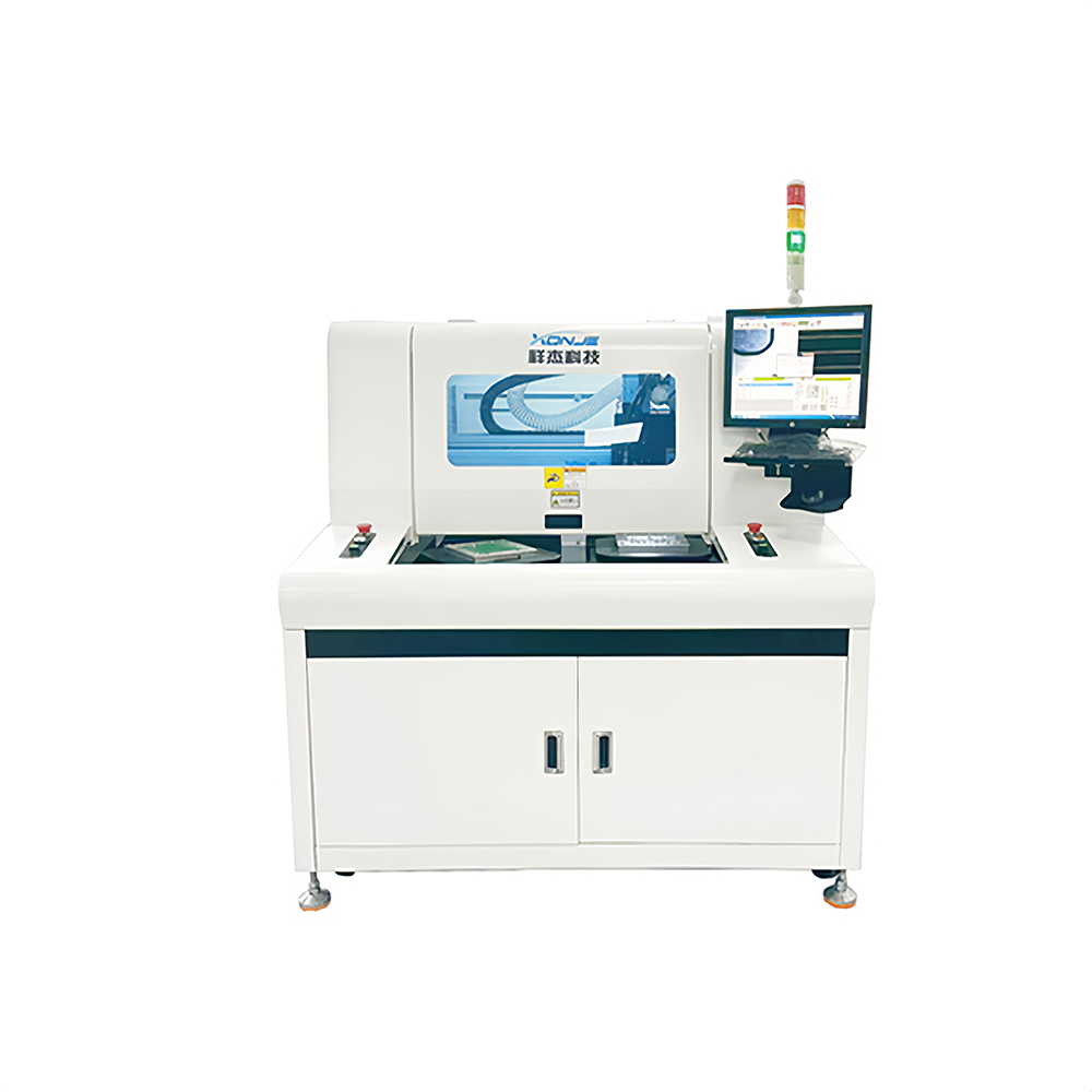 Front view of XONJE XJ-F800 dual spindle composite PCB router for V-cut and stamp-hole panel separation