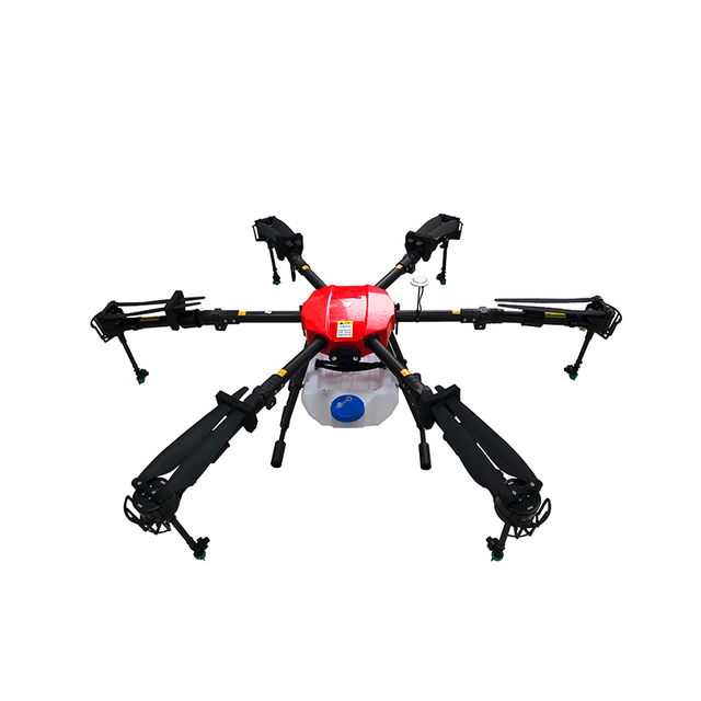 Full view of agricultural spraying drone equipped with carbon fiber arms and pesticide tank for efficient crop spraying.