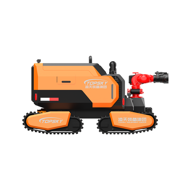 Hydraulic firefighting robot with four-track drive operating in industrial fire scene