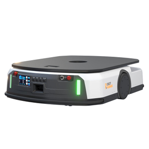 Front view of heavy duty industrial AGV chassis with metal structure and laser navigation sensors for warehouse handling