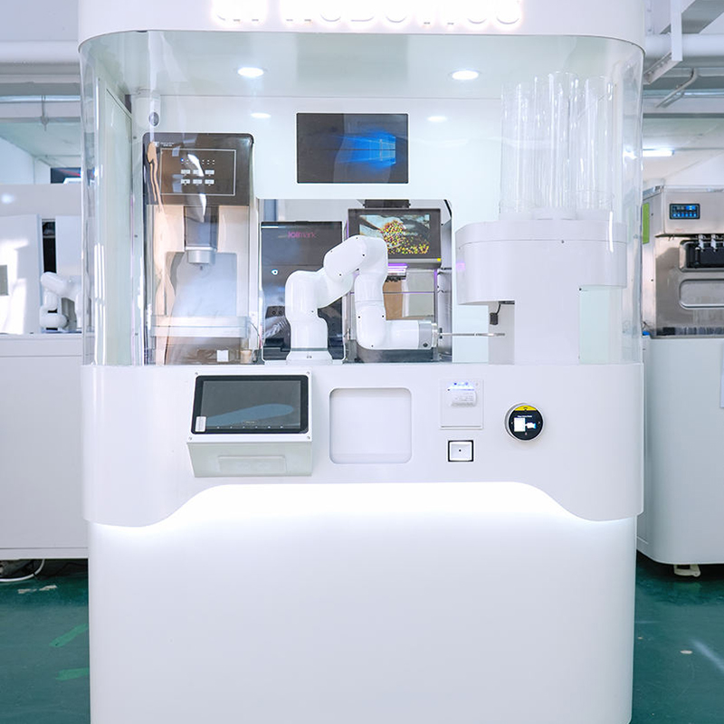 automated barista robot preparing coffee with 6 axis arm