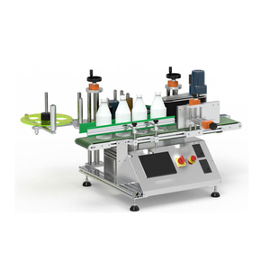 Electric desktop round bottle labeling machine PLM-C for wrap-around labels on bottles, jars, and cans, compact tabletop design.