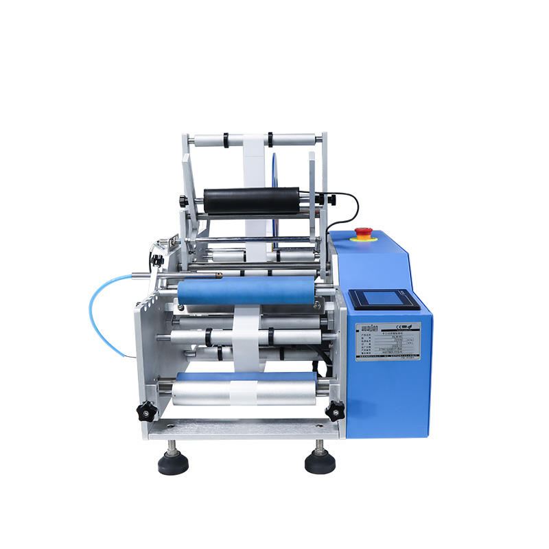 Top view of semi-auto wrap label machine suitable for cylindrical PET bottles and adhesive sticker labeling.
