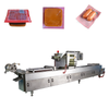 Thermoforming vacuum packaging machine for industrial food and product sealing with continuous forming and cutting.