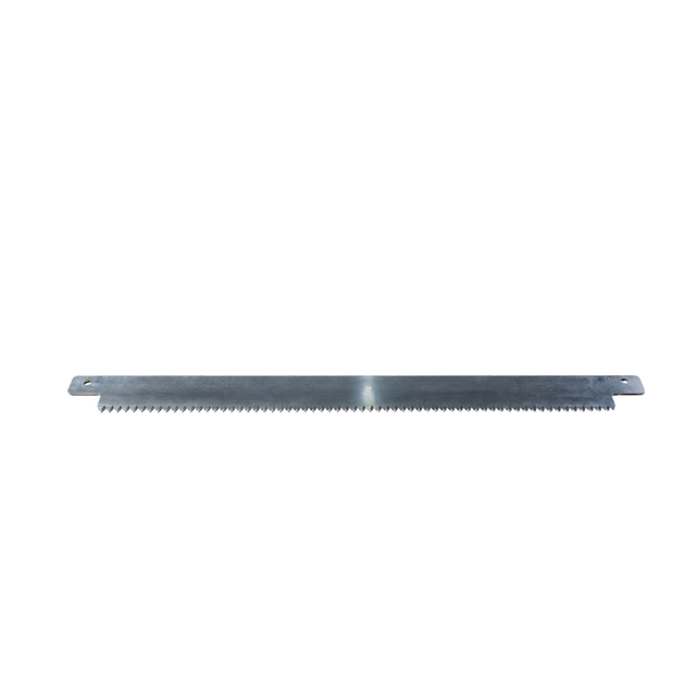Front view of long stainless fine serrated blade for food processing and packaging equipment