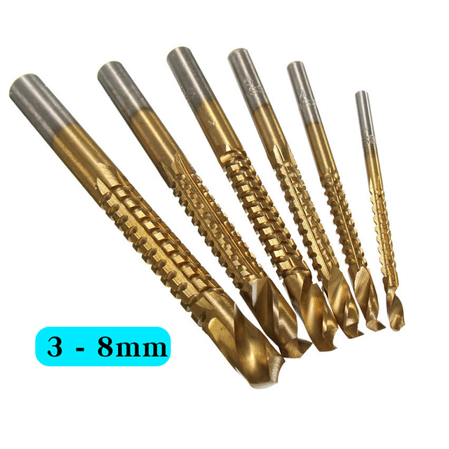 Woodworking serrated twist drill bit with golden coating and 135-degree angled blade for precise and efficient wood drilling