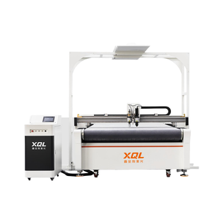 Front view of CNC laser and vibrating knife cutting machine with aluminum table and felt conveyor for precise cutting of PVC, acrylic, and foam materials