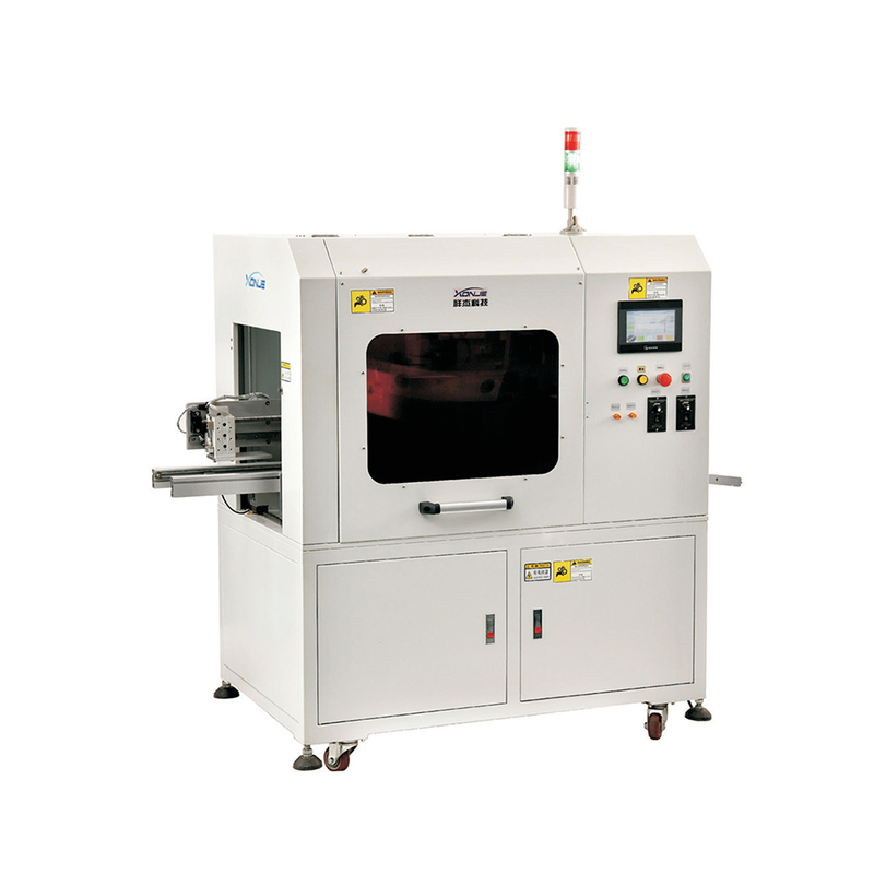 Front view of XONJE XJVC-12A dual-axis inline PCB cutting machine performing automatic V-slot separation with servo precision control
