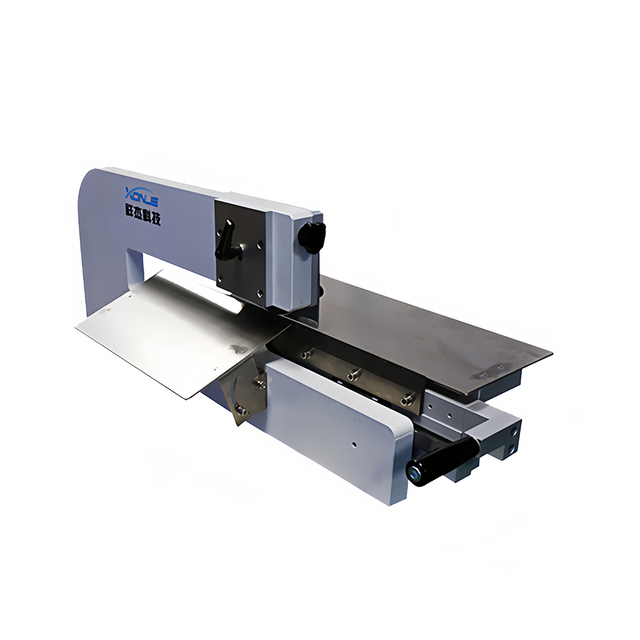 Front view of XONJE XJV-2M hand push PCB dividing machine with dual circular blades and ergonomic handle design