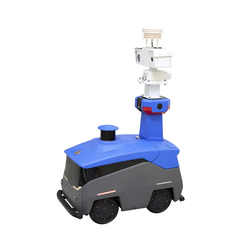 Front view of 5G AI patrol robot with autonomous navigation and HD PTZ camera for security inspection