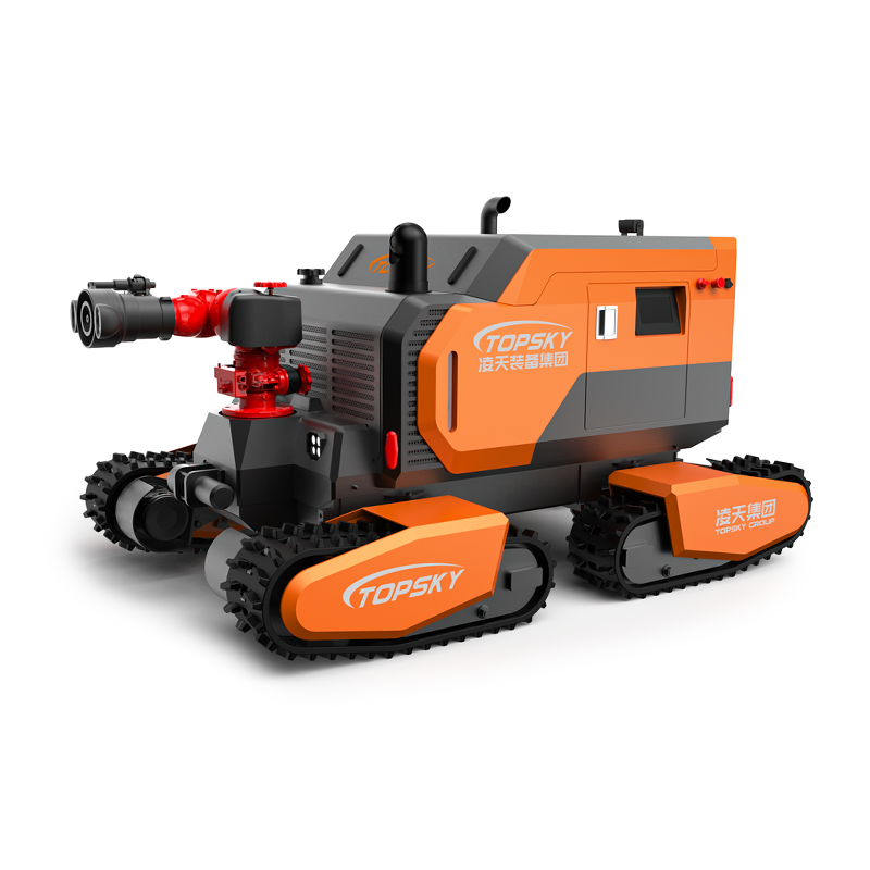 Hydraulic firefighting robot with four-track drive operating in industrial fire scene