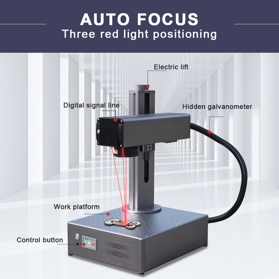 Compact mini fiber laser engraver with high-speed marking and precise galvanometer system.