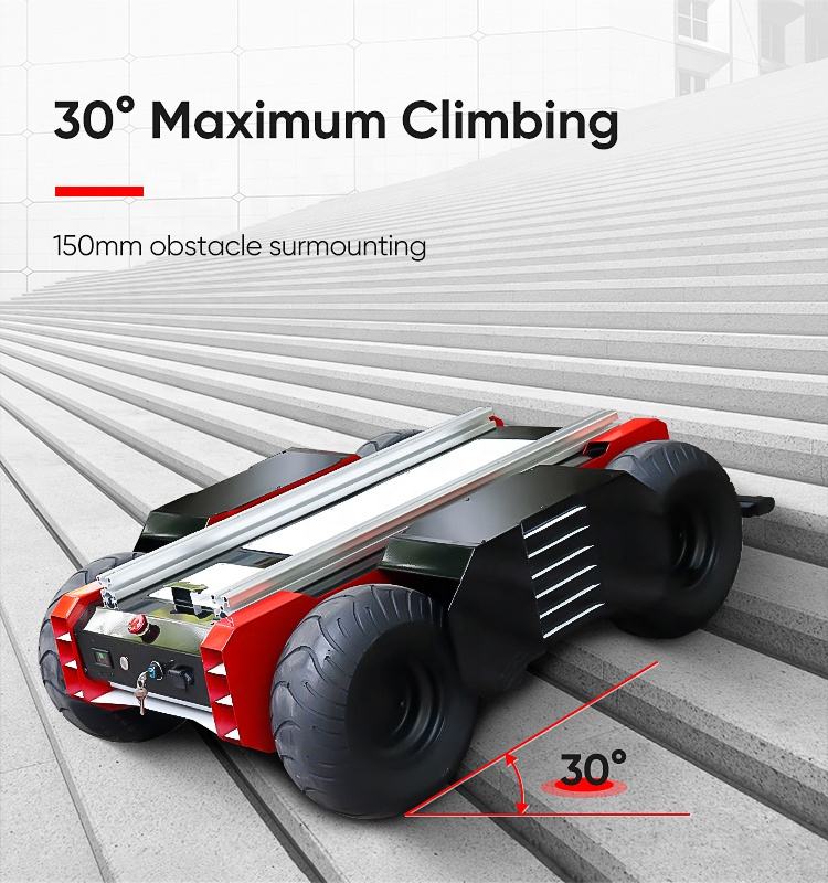 Heavy duty robot chassis navigating rough terrain with four independent motors and LiDAR sensors