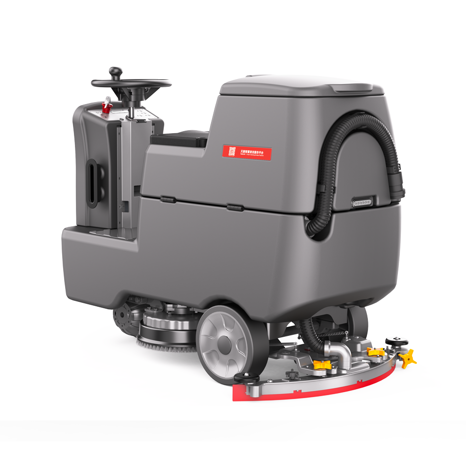 battery-powered floor scrubber with tight turning radius and aluminum chassis