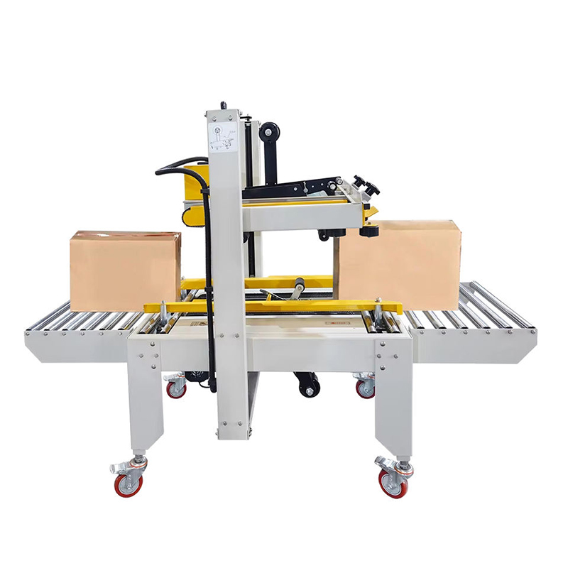Semi-automatic carton sealing machine with top and bottom drive for fast packaging